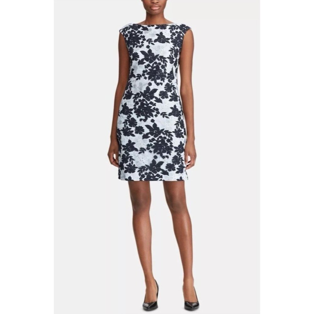 Ralph Lauren Stretch Dress 16 Blue Floral Embroidered Wedding Party Cruise
